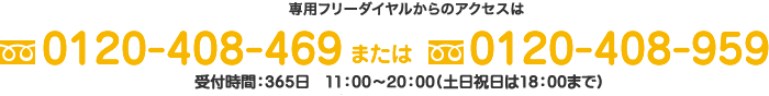 専用フリーダイヤルからのアクセスは 0120-408-469 または 0120-408-959 受付時間:365日 11時~20時