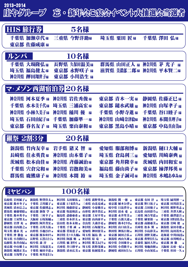 【庄やグループの忘新年会キャンペーン】☆当選者発表☆