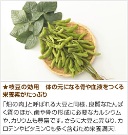 ★枝豆の効用　体の元になる骨や血液をつくる栄養素がたっぷり
「畑の肉」と呼ばれる大豆と同様、良質なたんぱく質のほか、歯や骨の形成に必要なカルシウムや、カリウムも豊富です。さらに大豆と異なり、カロテンやビタミンＣも多く含むため栄養満天！