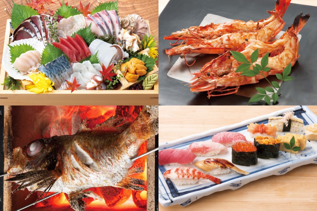 左上から、「鮮魚盛り合わせ十点盛り」（写真は4人前）、「大海老いしる醤油焼き」、「のどぐろ塩焼き」、「特上寿司盛り合わせ」